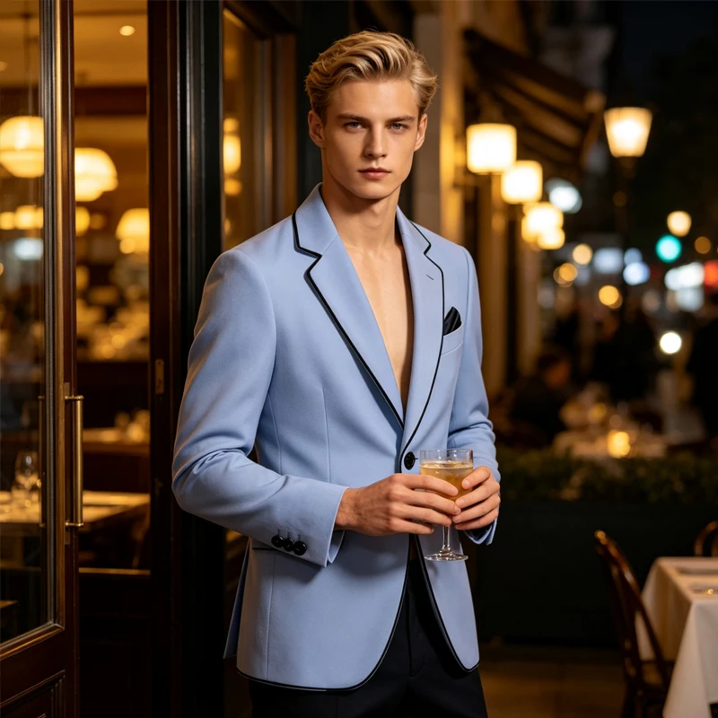 Retro Men's Summer Blazer Black Piping Notched Lapel Slim Fit 1 Button Suit Jacket Wedding Groom Business Formal Tuxedo Coat