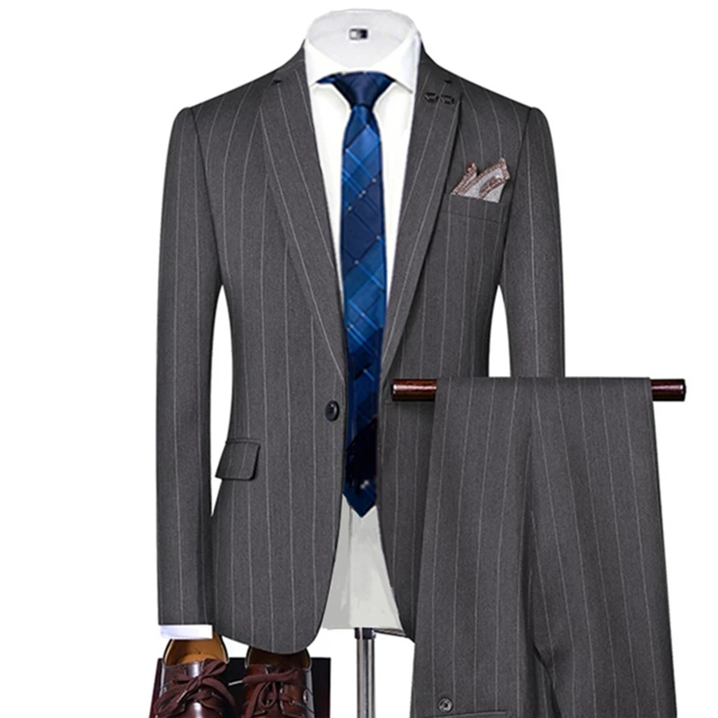 Grey/Black Striped Mens Suits Single Breasted For Wedding/Business Man Costume 2-Pieces Groom Tuxedos Best Man Blazer Pants