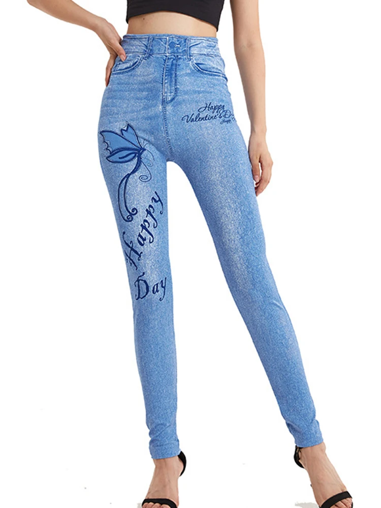 Casual Joggings Sexy Elastic Soft Faux Denim Jeans Butterfly Printed Leggings Stretch Pencil Pants Fitness High Waist Leggins