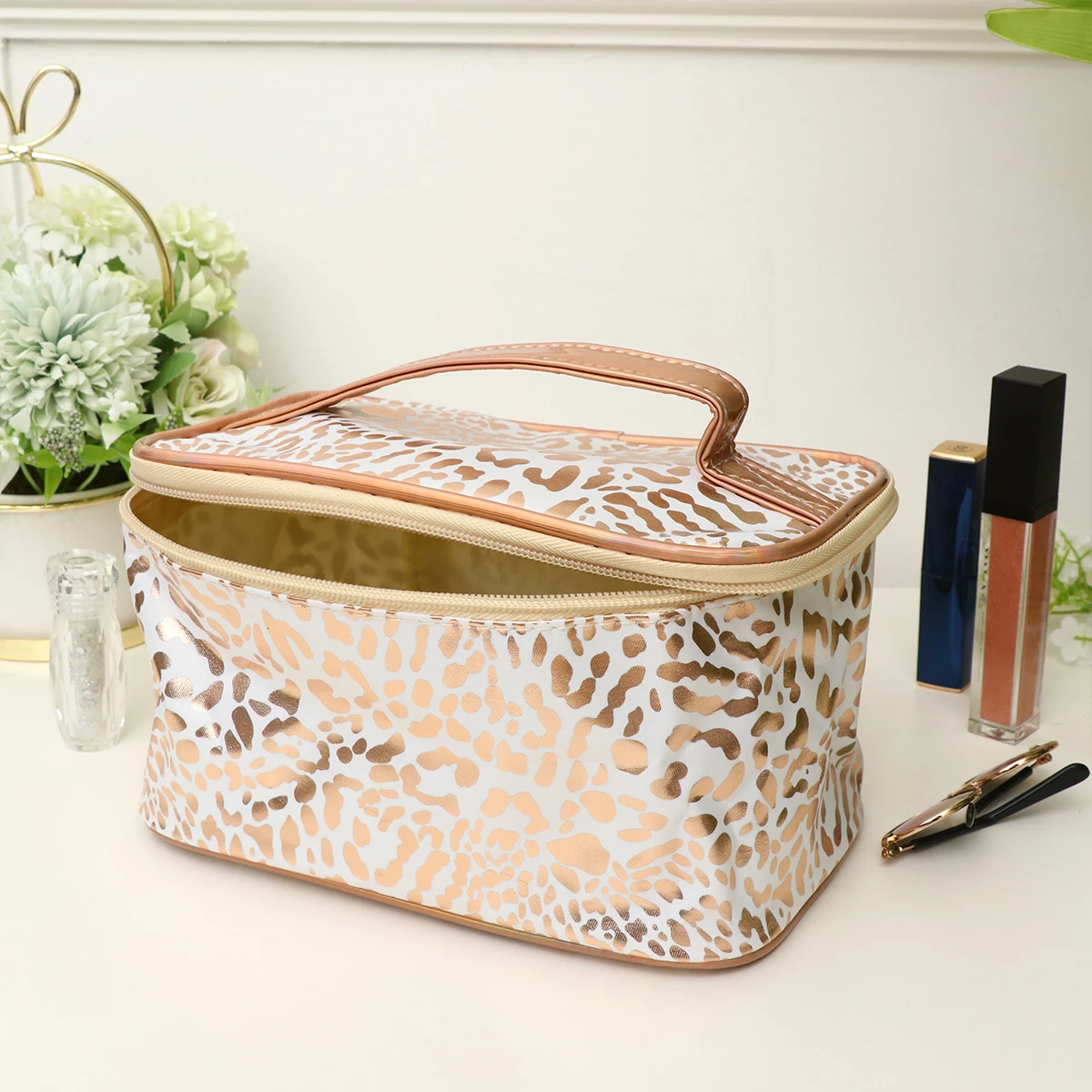 Bolsa con estampado de leopardo para mujer, contenedor de PU de gran capacidad con cremallera, contenedor de maquillaje con cremallera para viaje al aire libre