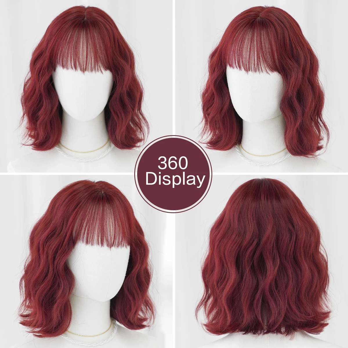 7JHH WIGS Short Water Wave Wine Red Wig for Women Synthetic Modest Fashion Wear and Go Burgundy Bob Wigs with Neat Bangs - view 5