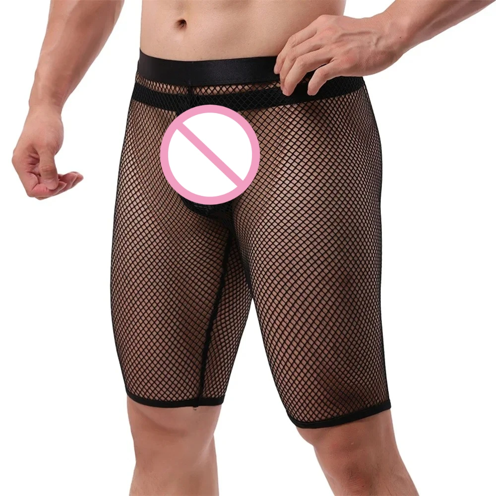 

Men's Mesh Sheer Trunks Hollow Out Fishnet Boxer Shorts Breathable Underpants Sexy Male Underwear with Faux Leather G-strings