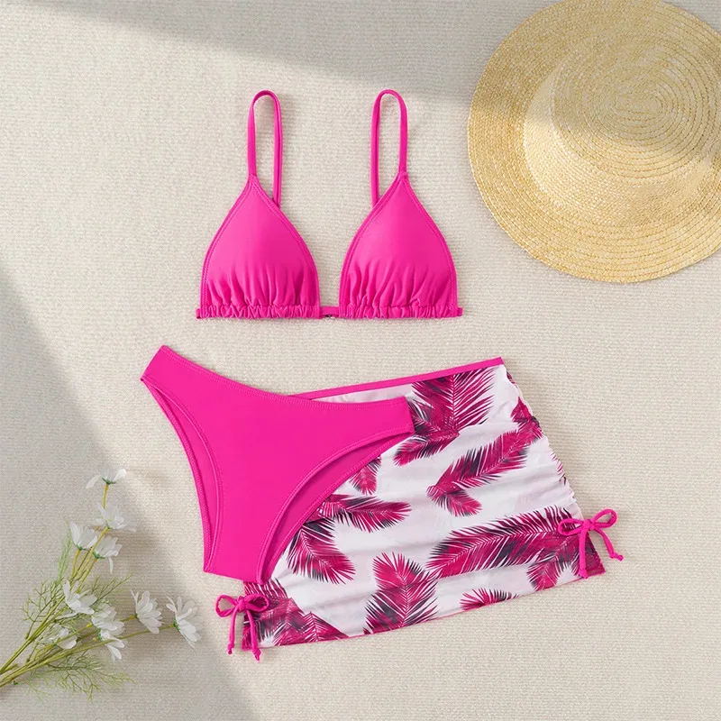 

Three Pieces Girls Swimsuit Cover Up Pink Floral Strape Drawstring Swimwear 2025 Beach Bathing Suit Beachwear