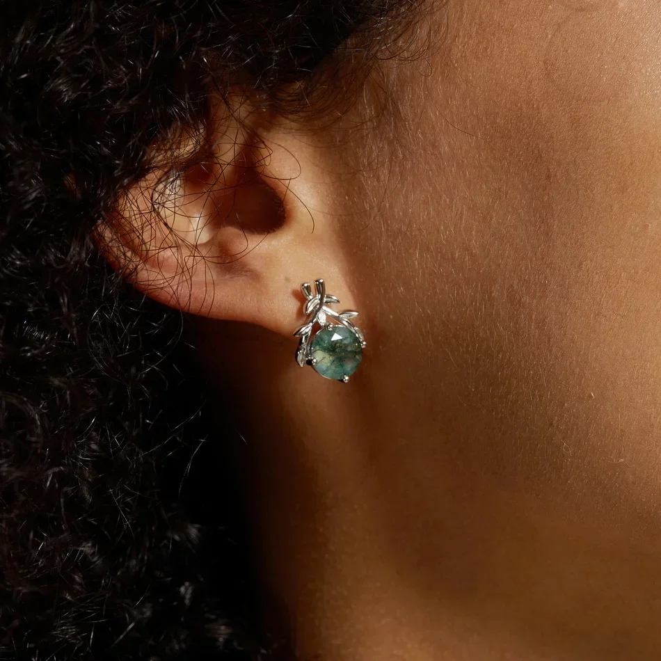 

ALLNOEL 925 Sterling Silver Stud Earrings for Women Natural Moss Agate Unique Romantic Wedding Gift Fine Jewelry Healing Gems
