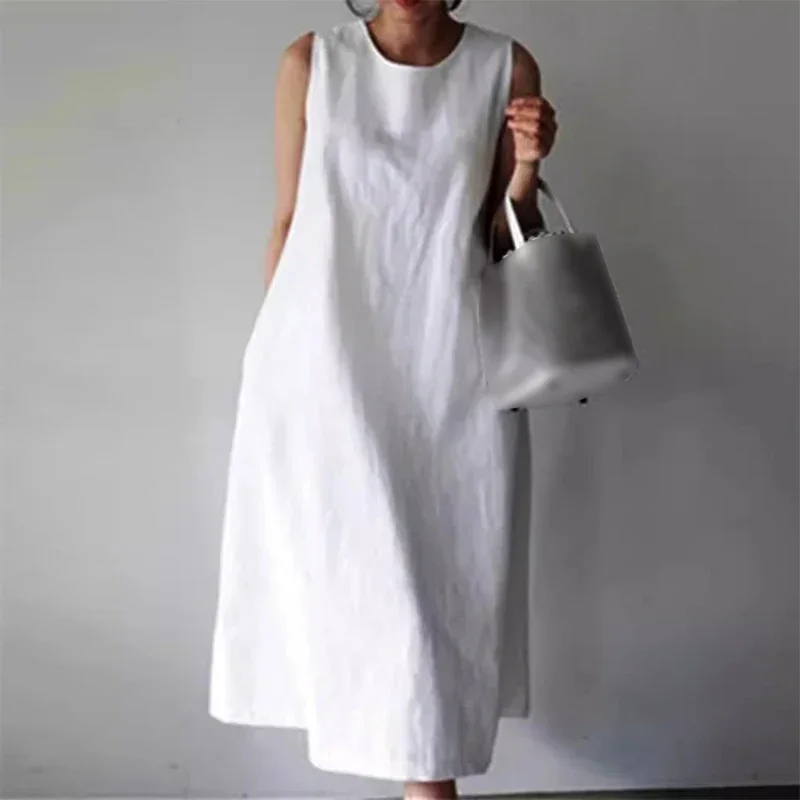 New Comfortable Cotton Linen Solid Color Dress Women Summer Large Size Sleeveless Dressy Female Minimalist Style Long Dress