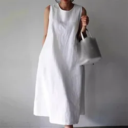 New Comfortable Cotton Linen Solid Color Dress Women Summer Large Size Sleeveless Dressy Female Minimalist Style Long Dress