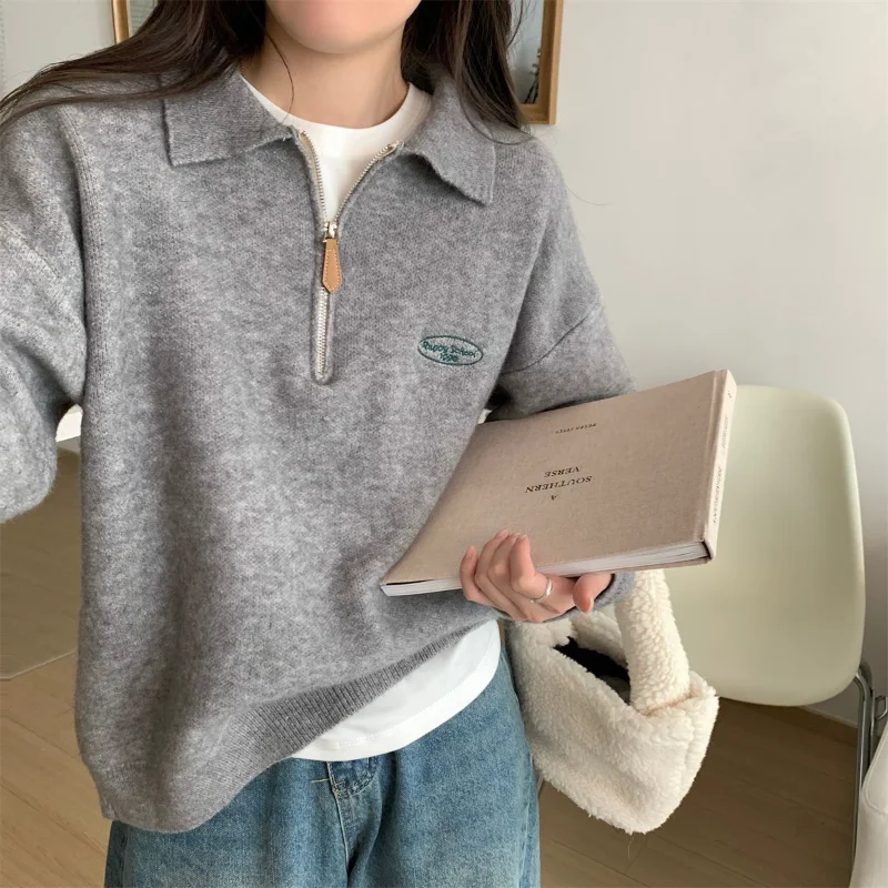 Version coréenne de Simple col Polo fermeture éclair haut pull en tricot femmes automne hiver 2025 nouveau Style polyvalent ample tenue décontracté