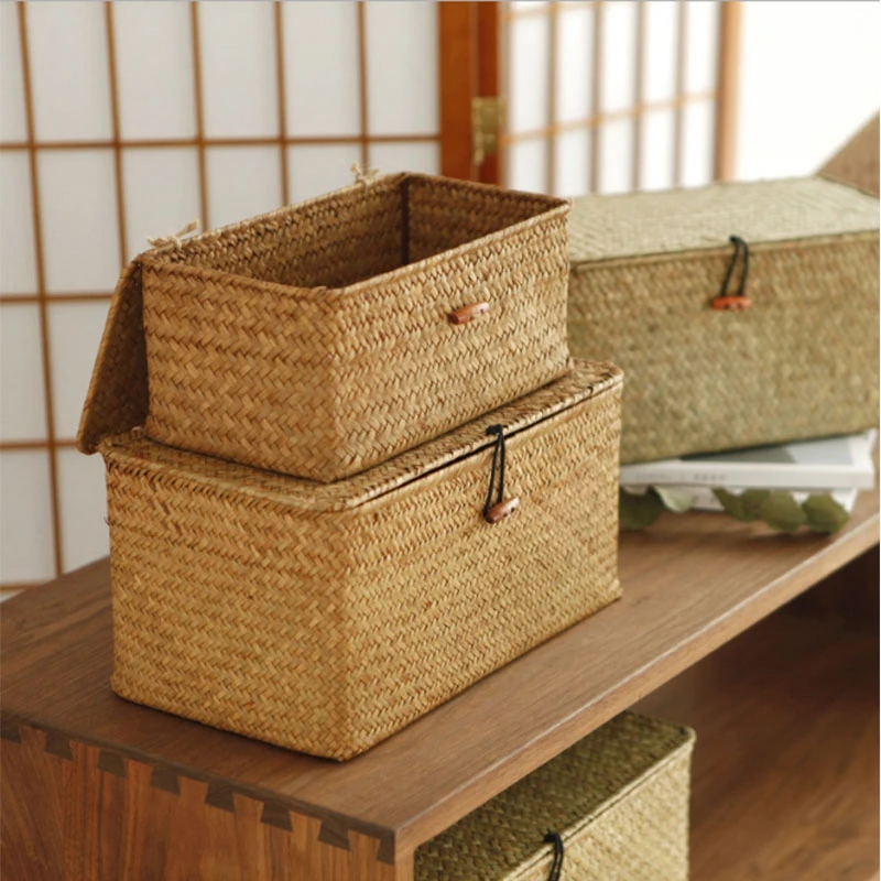 Ins Storage Baskets with Lid Rectangle Seaweed Weaving Box Clothes Laundry Basket Sundries Storage Box Household Tidy Organizer