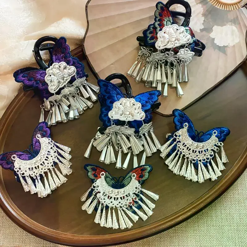 New Chinese Style Kniting Butterfly Hair Claws Women's Purple Long Flower Tassel Shark Grab Clips Vintage Hanfu Headpiece W