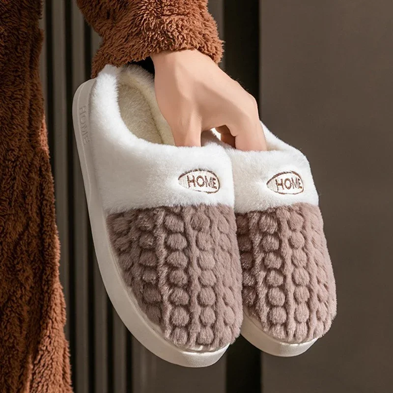 Pantoufles d'hiver en coton pour hommes et femmes, chaussures de sol confortables, antidérapantes, semelle épaisse, diapositives chaudes pour la maison, pantoufles en fourrure pour Couples et femmes