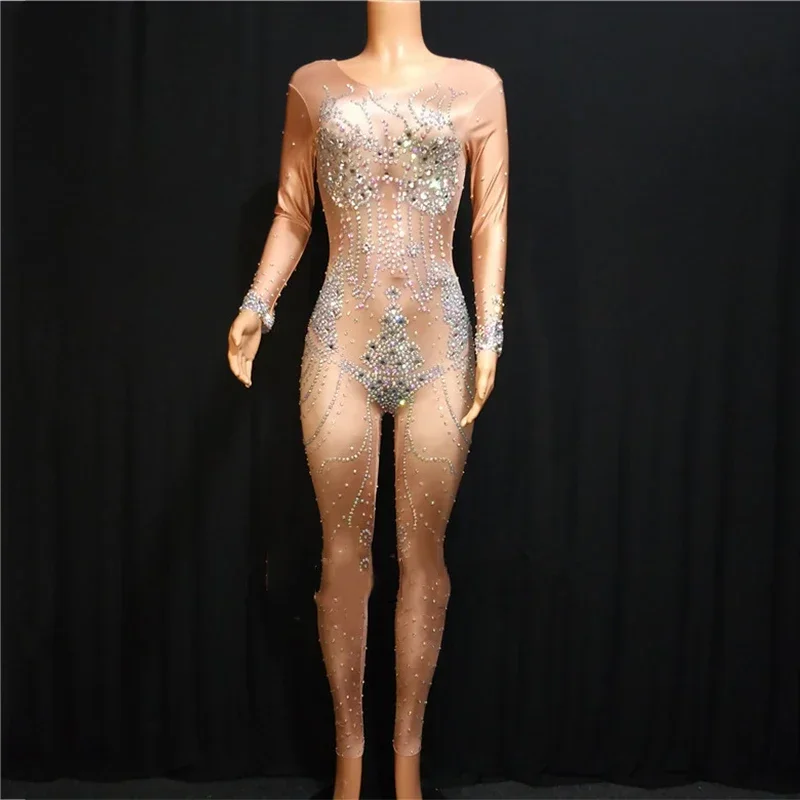 

Sparkly Rhinestones Skin Color Skinny Jumpsuit Sexy Nightclub DJ Singer Elastic Leotard Stage Wear Evening Party Bodysuit