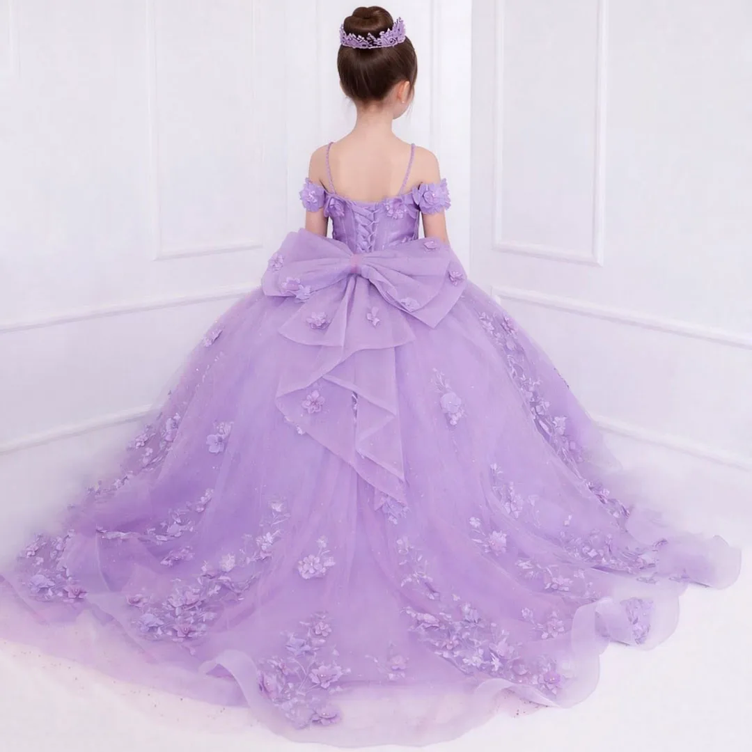 Customized Purple Flower Girl Dress Tulle Floral Appliques With Bow For  Birthday Prom Wedding Banquet Party Ball Princess Gown