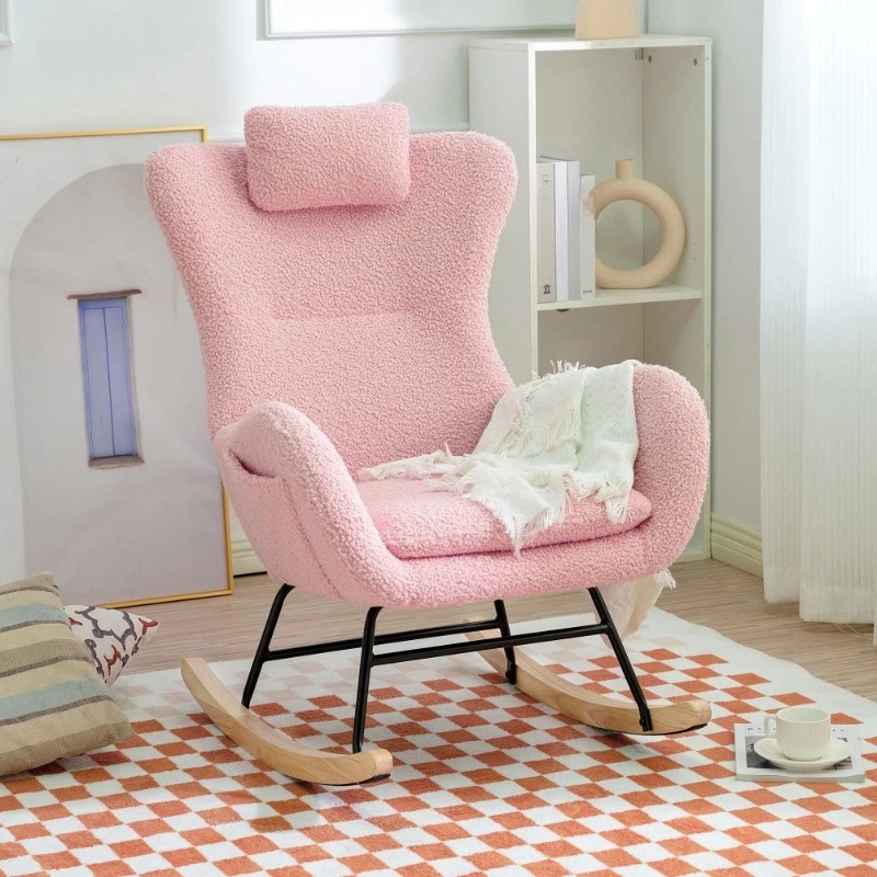 Padded High Back Rocking Chair Adjustable Headrest Storage Pocket Living Room Chair