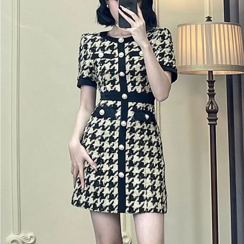 Women Plover Case Tweed Vintage Dress Korea New Single-breasted Elegant High-Waisted Round Collar Short Sleeve Office Mini Dress