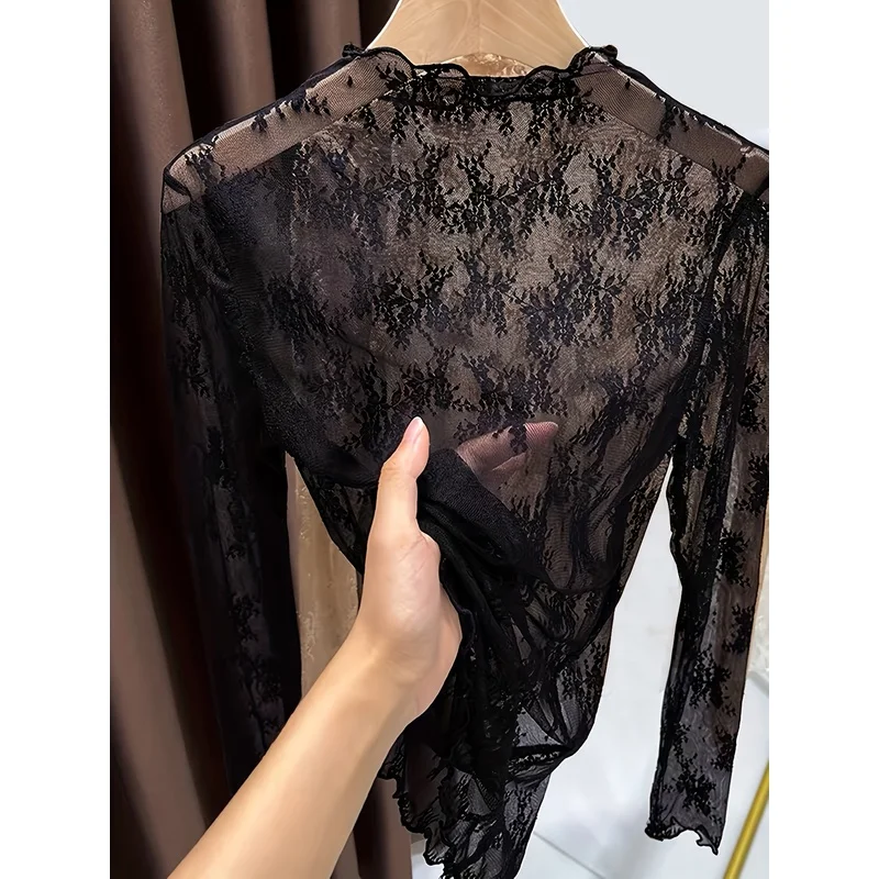 Lace Top, Semi-Transparent, Subtle Allure, High-Stretch Fabric Clinging to Body, Misty Beauty, Exposing Figure with Ever