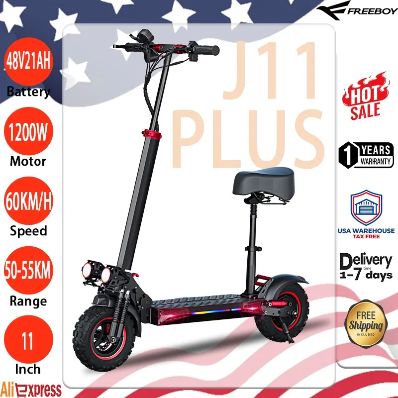 

J11plus Легкий электрический самокат 1200W48V21AH Аккумулятор 60 км/ч Электронный самокат 11-дюймовые вездеходные шины Складные эскотлеты