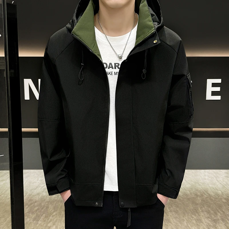 

Мужская куртка свободного кроя с капюшоном, однотонная, с длинными рукавами, на молнии, повседневная, весенне-осенняя, ветрозащитная, верхняя одежда
