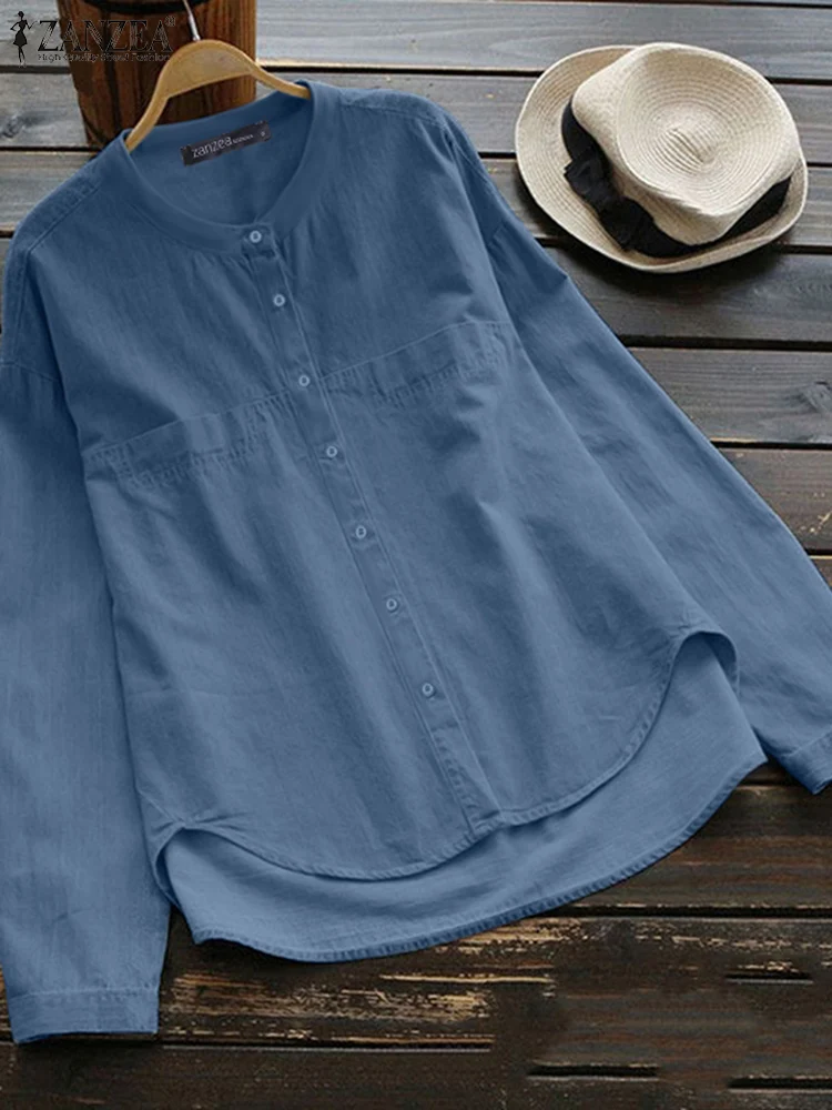 

2025 ZANZEA Spring Women Long Sleeve Shirt Solid Casual Work Blusas Chemise Solf Denim Blue Blouse Autumn Stylish Tops Tunic