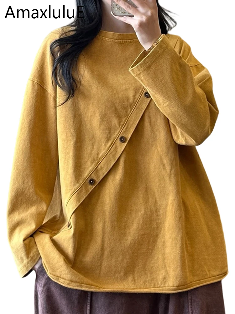 Amax LuluE Brand Design 2025 Fall Womens Fashion Loose Leisure Tshirts Females Classic Vintage Luxury Clothes Elegant Soild Tops