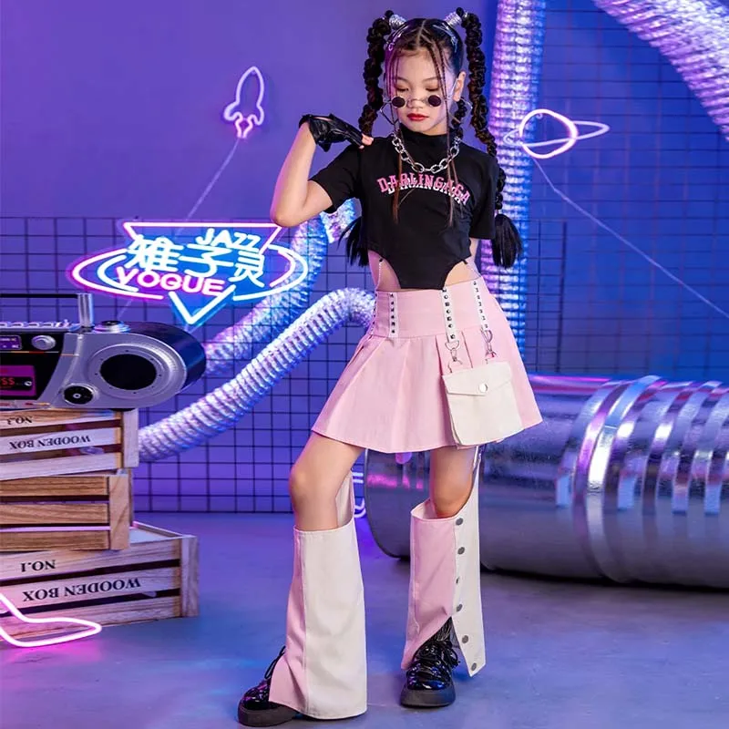 

Kids Jazz Street Dance Wear Hip Hop Dance Stage Clothes Black Crop Top Pink Pleated Skirt Girls Fashion Show Performance Costume