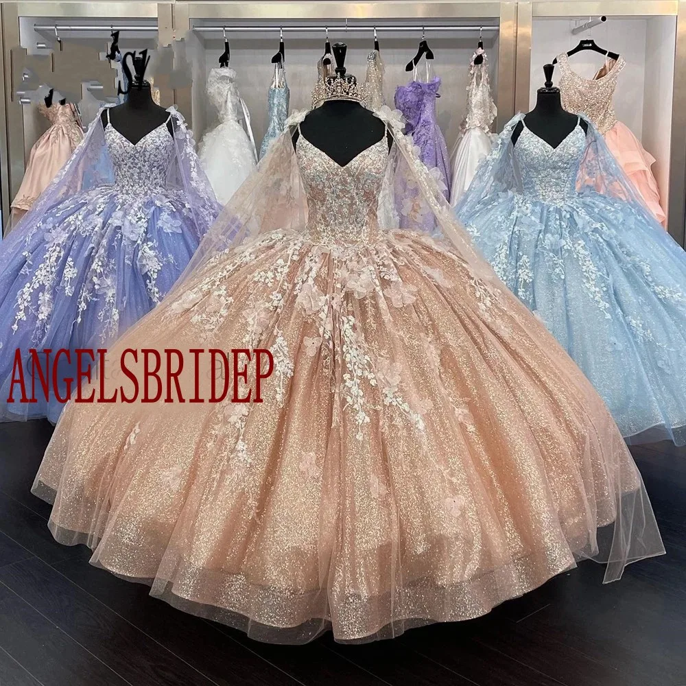 ANGELSBRIDEP-vestido de baile de quinceañera, vestidos formales de tul con purpurina de flores en 3D, vestidos de princesa de Cenicienta con capa, color oro rosa, 15