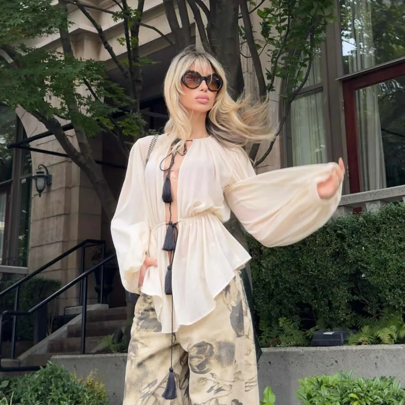 YENKYE Women Romantic Blouse Round Neck Tassel Tie Long Sleeve Elastic Waist Peplum Boho Shirt Top