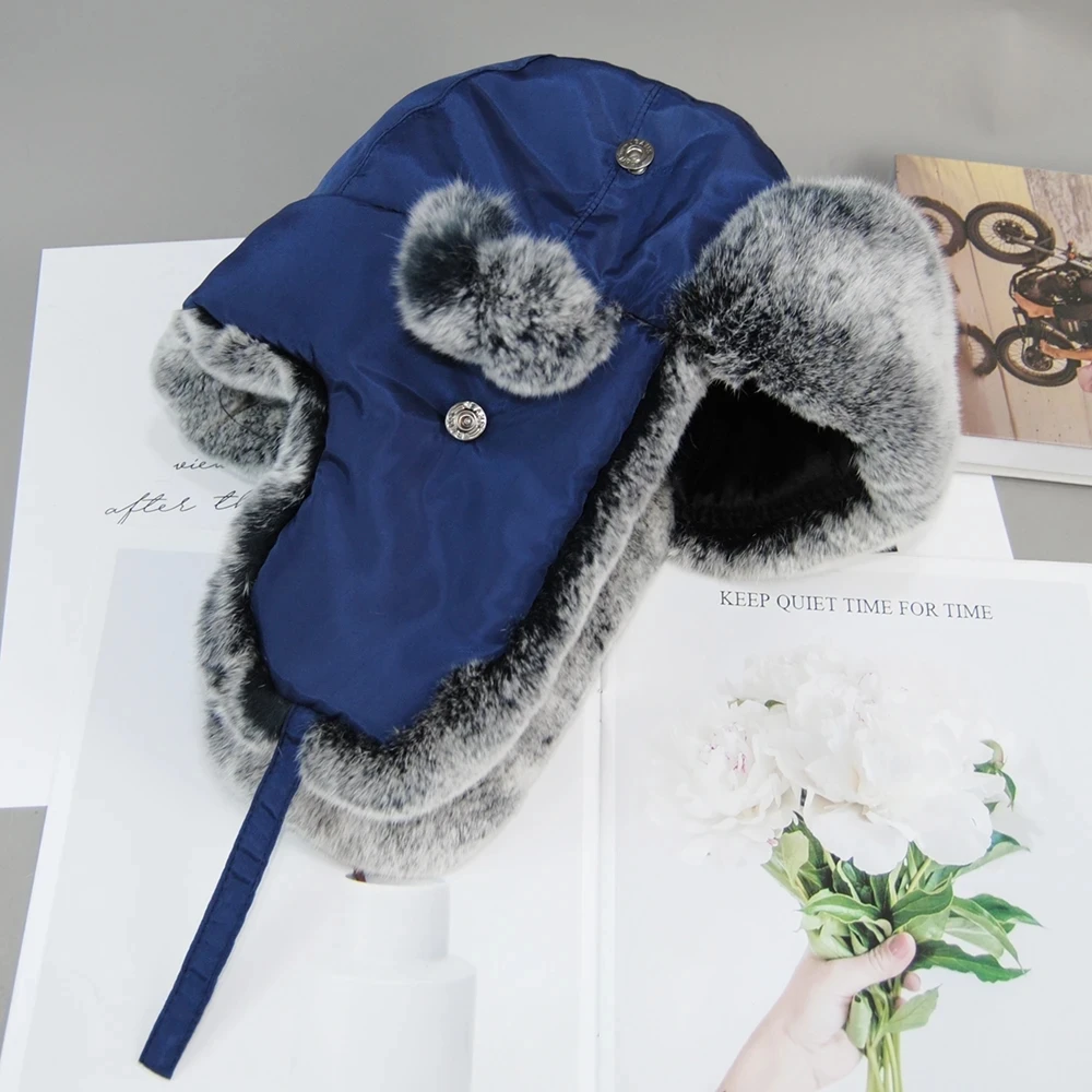 Hot Sale New Style Real Rex Rabbit Fur Bomber Hats Outdoor Winter Women Warm Russian Ushanka Hat With Ear Flap Rabbit Fur Cap