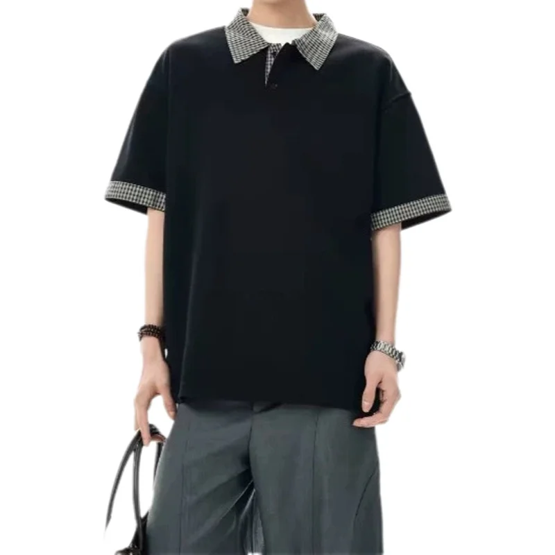 American Style Premium Plaid Patchwork Polo Collar Short Sleeve T-Shirt Men's Summer College Style Half Sleeve Flip Collar