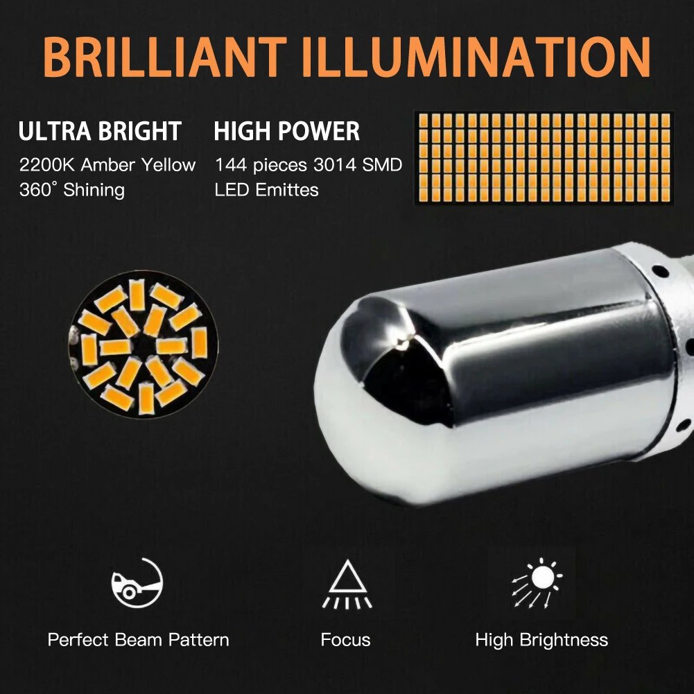 2pcs LED Light Chrome 7440 T20 Amber Canbus Error Free  Bulb Turn Signal Yellow Brake Flow Lights Accessories for Vehicles