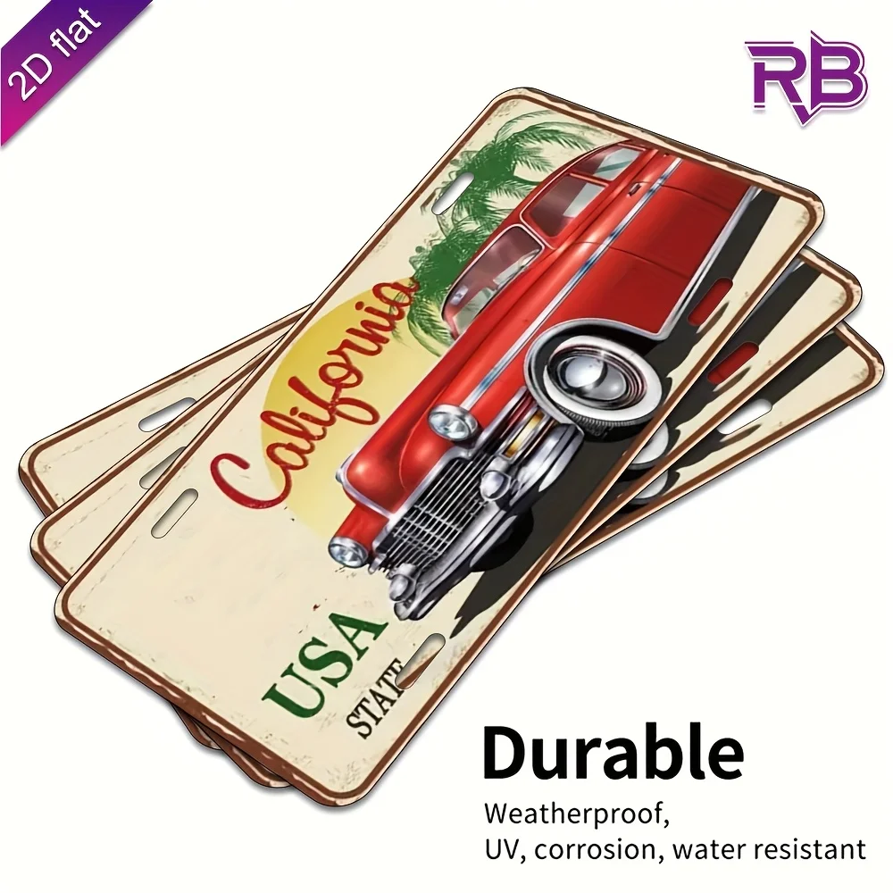 2D Flat, 1pc Aluminum Metal Sign with California USA License Plate Design - Vintage Car & Palm Tree Wall Art, UV Printed view 2