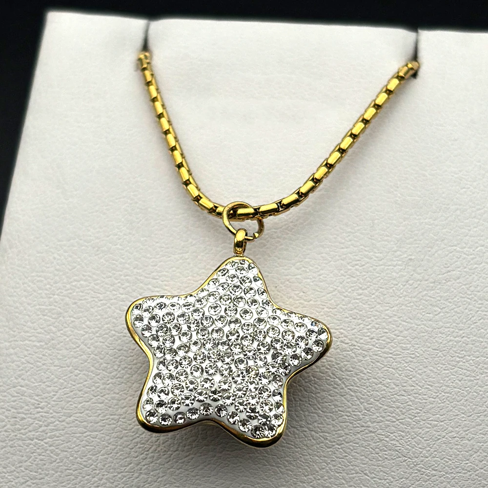 

Luxury White Shiny Full Rhinestones Cute Star Pendant Necklace for Women Girls Stainless Steel Gold Color Chain Jewelry Gift