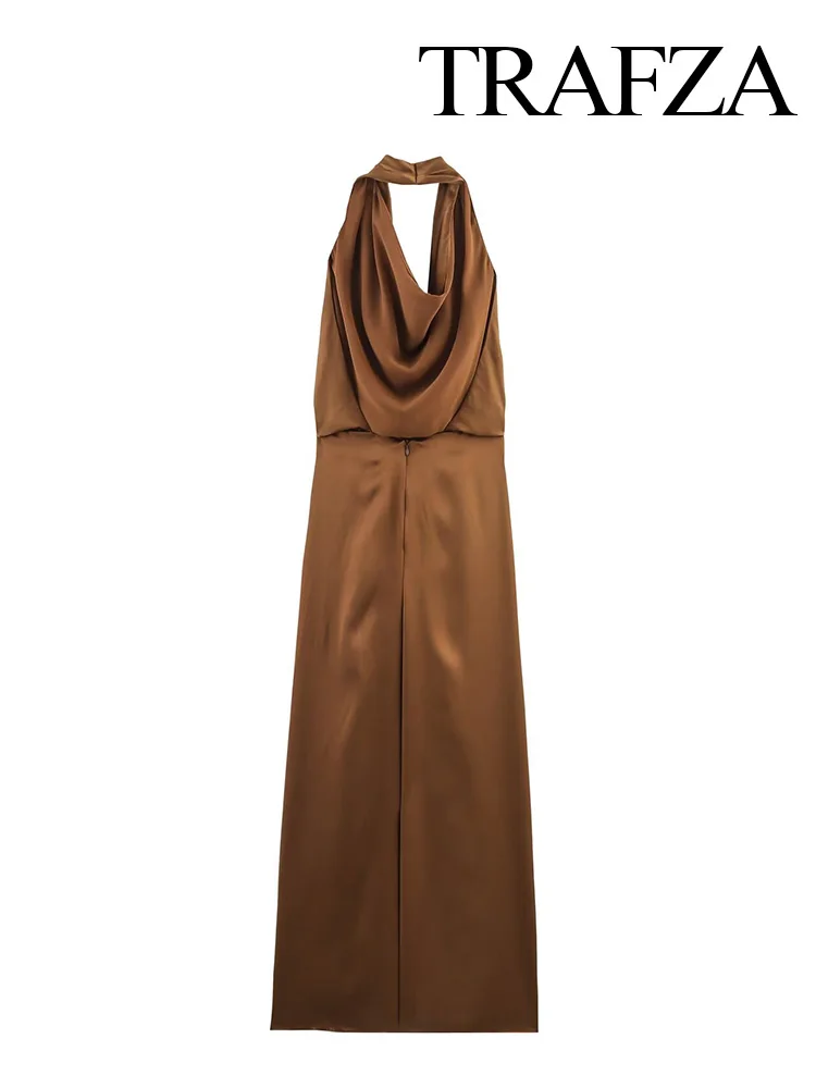 HH 여성 2025 신상 슬림 새틴 질감 솔리드 민소매 미디 드레스 여성 봄 홀터넥 칼라 홀로우 아웃 롱 드레스