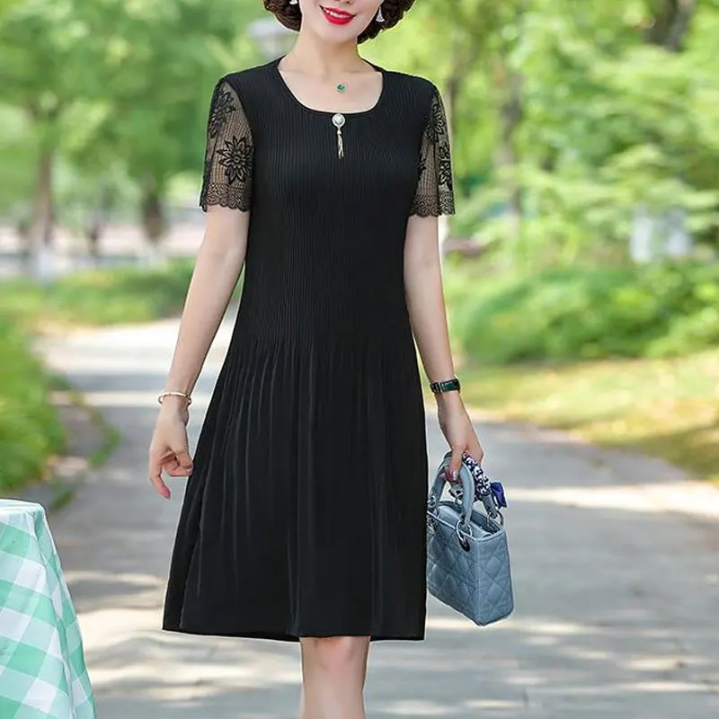 Casual Solid Color Pleated Midi Dress Stylish Lace Patchwork Summer Short Sleeve Female Three-dimensional Decoration Dresses New