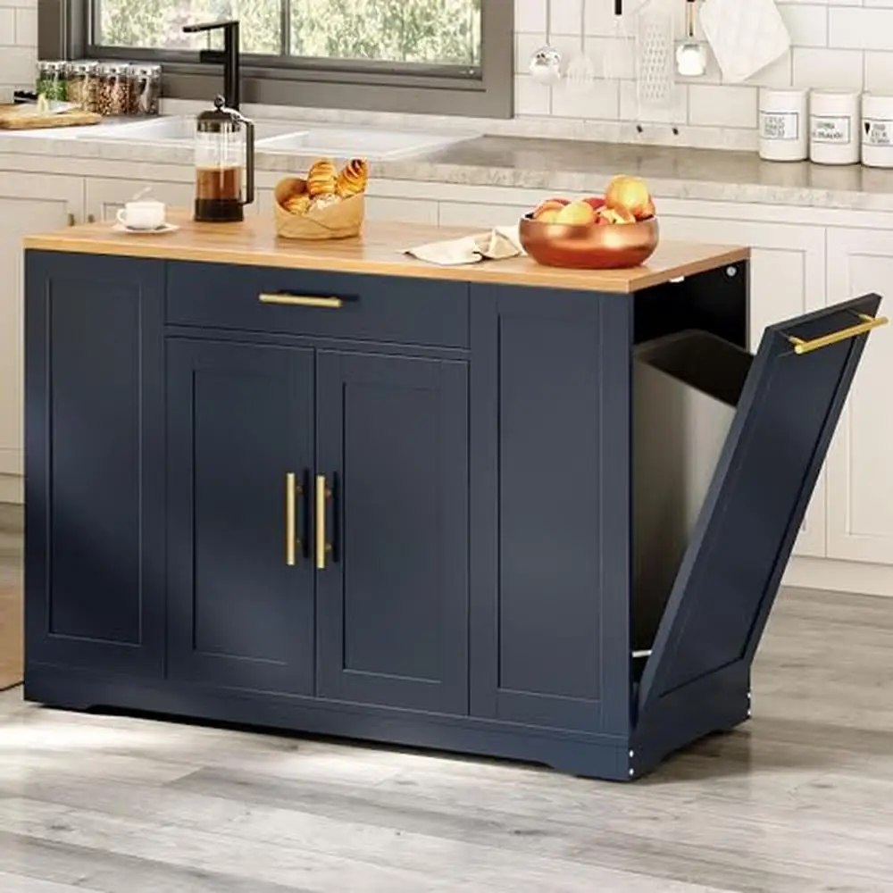 

Large Rolling Kitchen Island with Trash Can Storage Cabinet Portable Mobile Islands Table Floating Movable w/ Lockable Wheels &