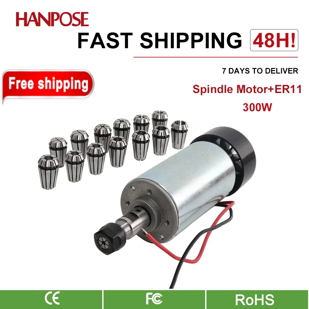 

HANPOSE 0.3KW CNC Spindle Motor With 13PCS ER11 Chuck 300W Spindle Motor DIY 12-48 300W DC Motor For PCB Milling Machine