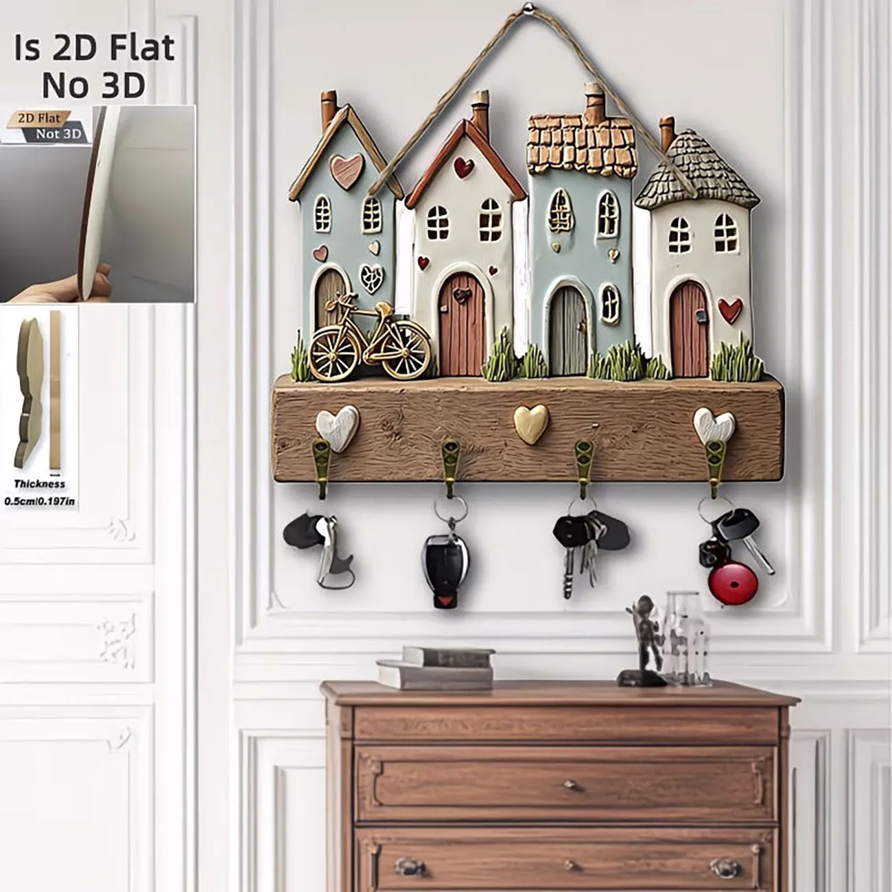 Colgador de Llaves Rústico para Casa de Campo, Soporte de Llaves con Diseño de Corazón y Casa en 2D, Montado en la Pared para Entrada y Amantes del Hogar