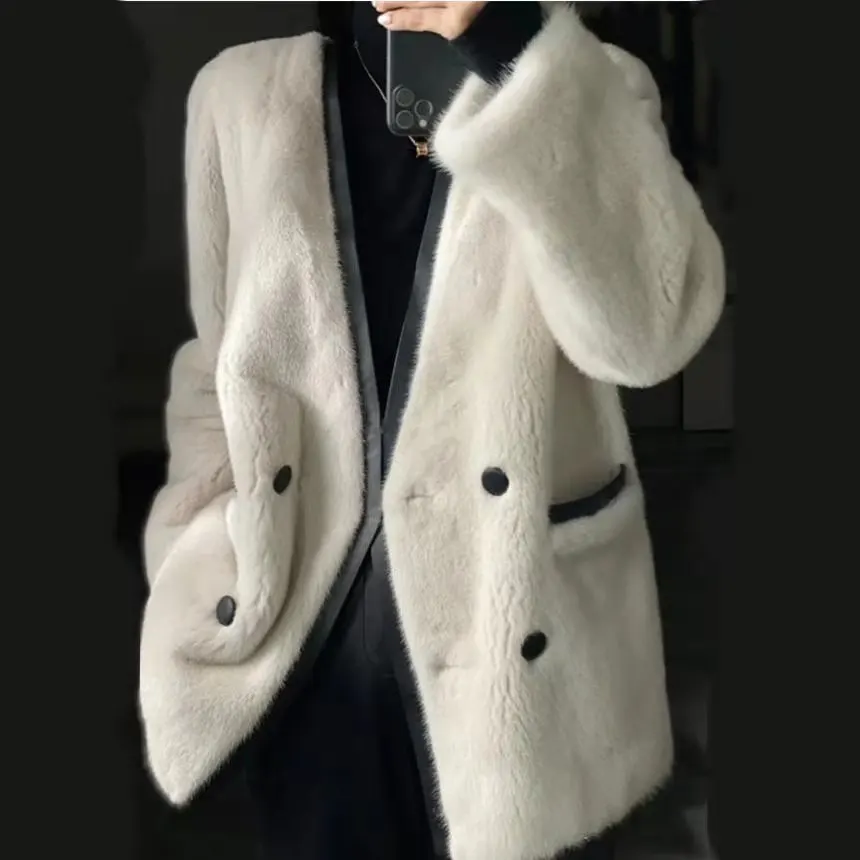 Plush Fur Coat Women's 2021 New High-end Foreign Style Korean Version Autumn and Winter V-neck Imitation Mink Coat