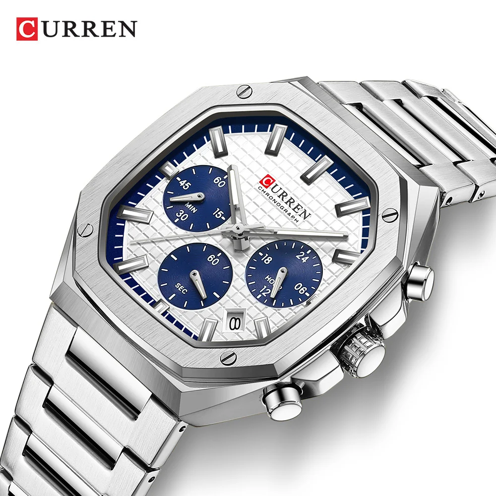 CURREN 8459 Casual Quartz Watches for Men Multifunction Chronograph Calendar Waterproof Steel Strap Fashion Men\'s Business Watch