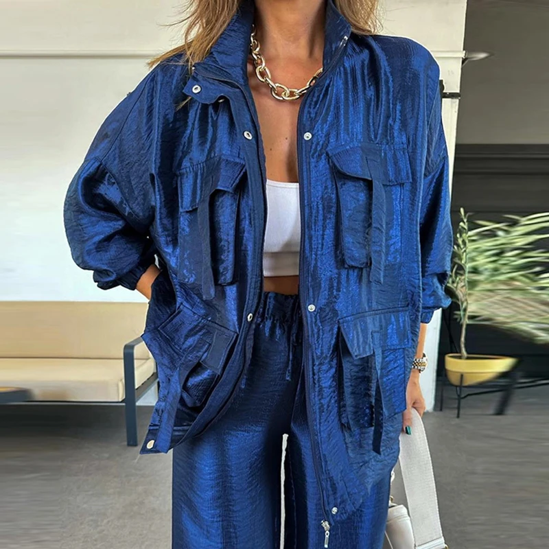 レトロメタリックカラーの女性のジャケットストレートレッグパンツ 2Psc カジュアルラペルボタンジッパーオフィストップ長袖ポケットアウター