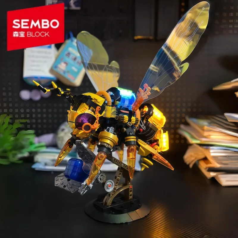 SEMBO BLOCK Mechanical Bee Deformable Assembling Building Tap Light Toy Cartoon Model Desktop Collection Ornaments Holiday Gift