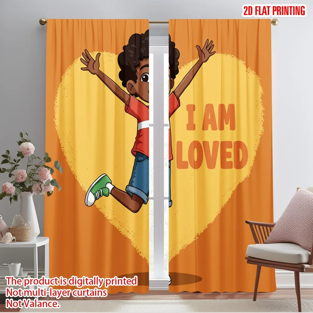 

2pcs 2D flat printing Window Curtains Happy Loved Heart Polyester Without Electricity Holiday Decorations Perfect for Photo