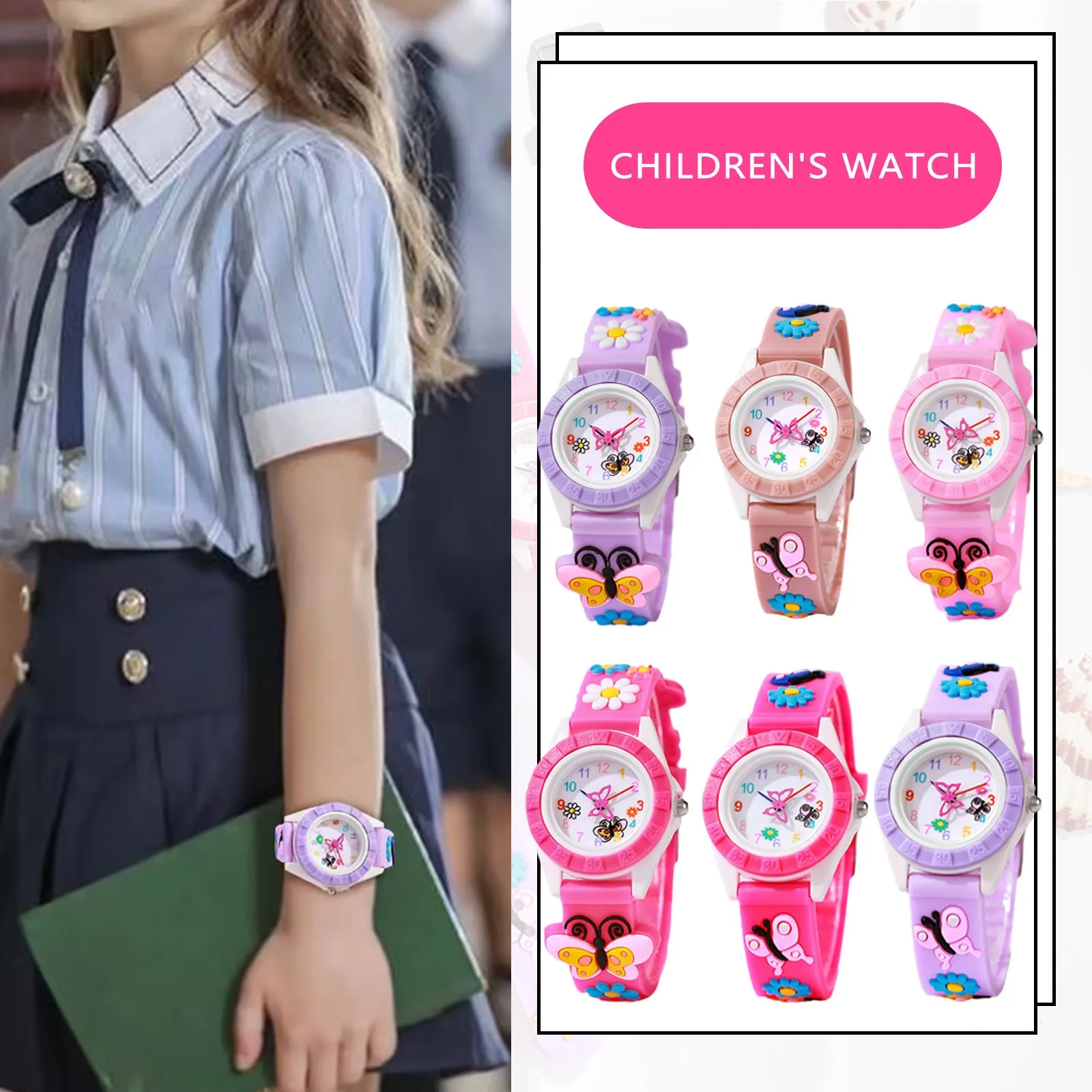 Cartoon Watch Fashion Small Butterfly Girl Quartz Watches Leisure Silicone Children's Gift Clock Wristwatch Watches For Kids