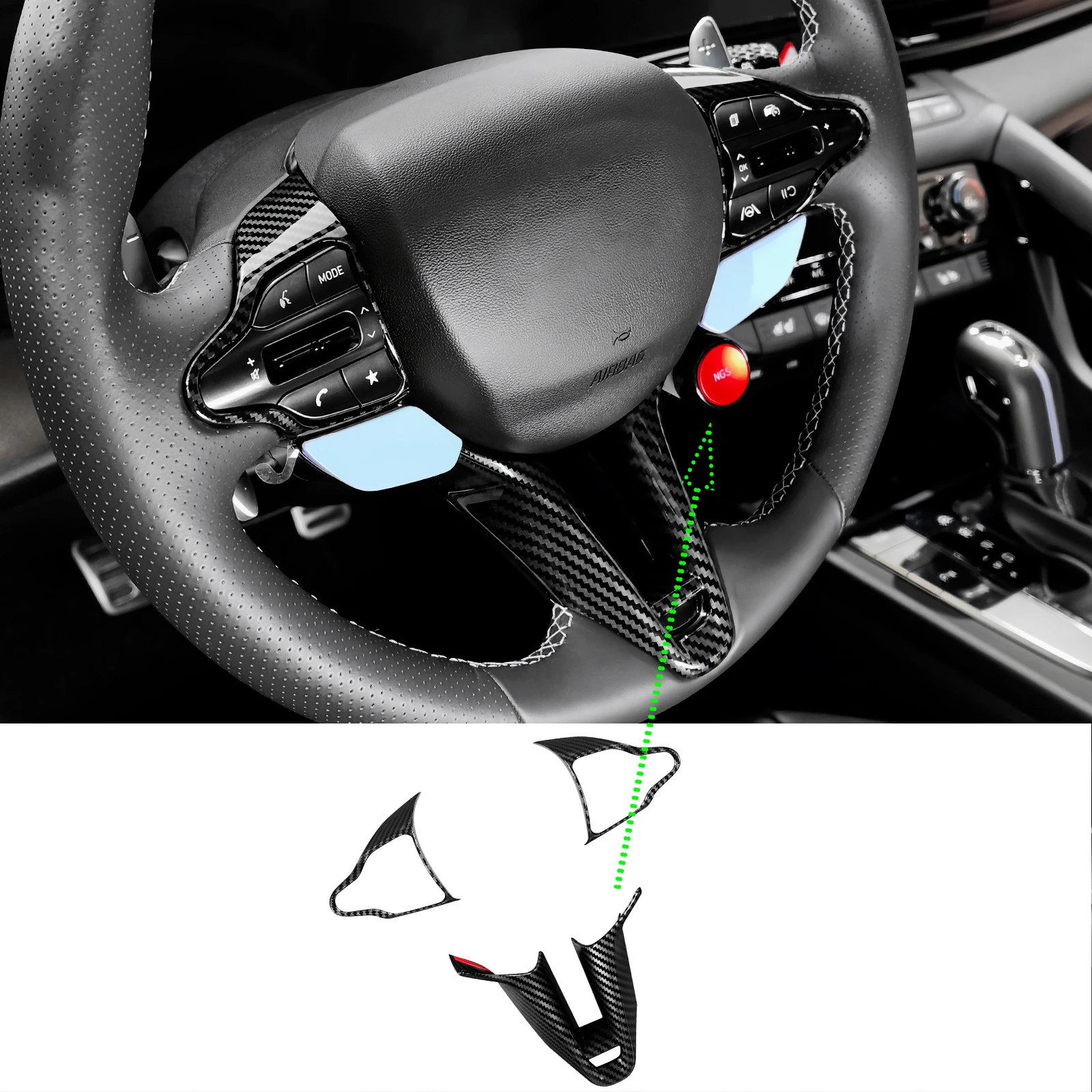 Auto-Lenkrad-Tastenabdeckung im V-Stil, untere Zierleiste für Hyundai i20N, i30N, Kona N/Elantra N/Veloster N/Line