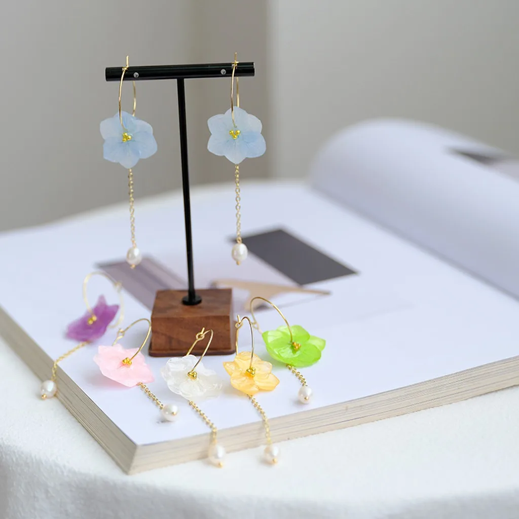 Hydrangea Flower Dangle Earrings Fresh Pearl Drop Earrings 14k Gold Post Earrings Floral For Picnic Gift For Family Friends