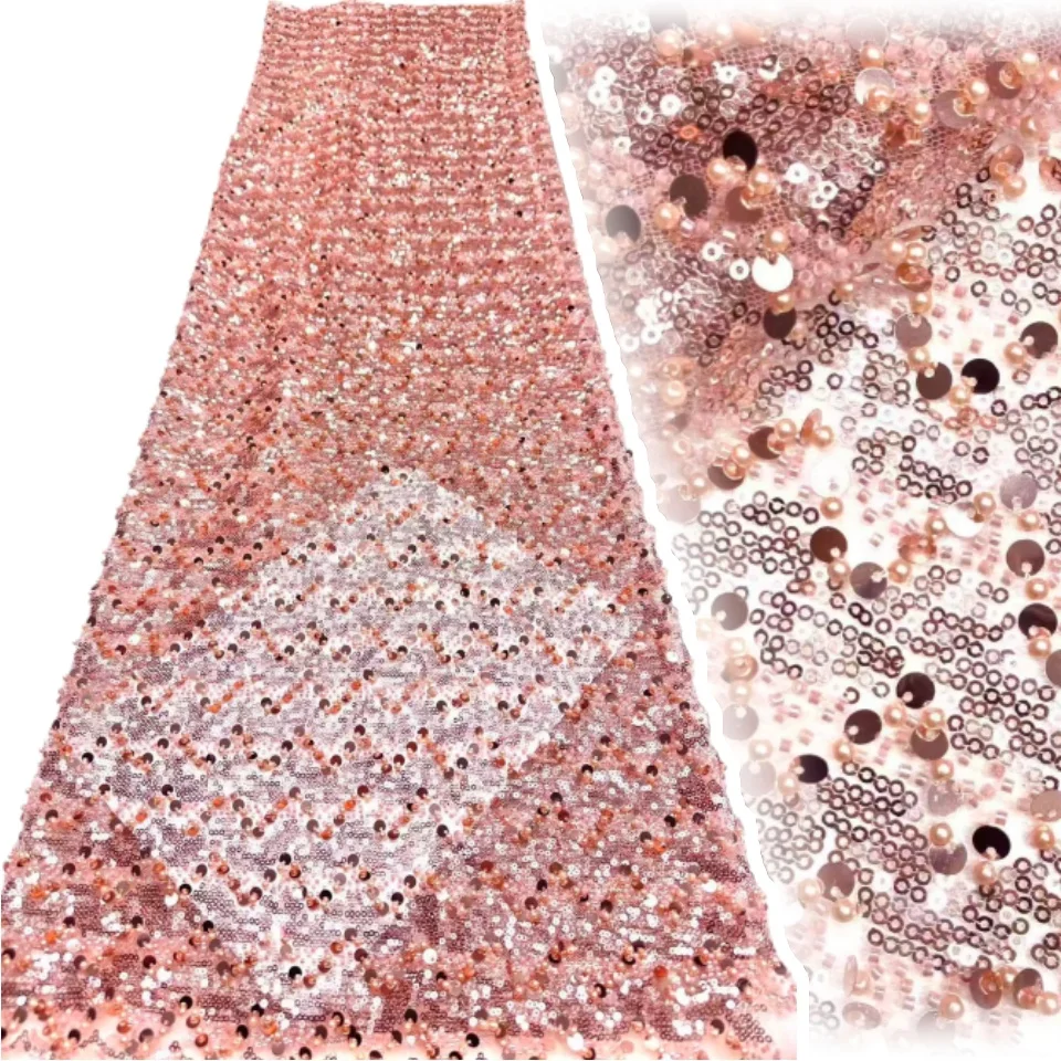 

Pink Luxury Beaded Chiffon Lace Fabric 2026 Premium French African Sequined Lace Fabric Women's Bridal and Party Gown 2192