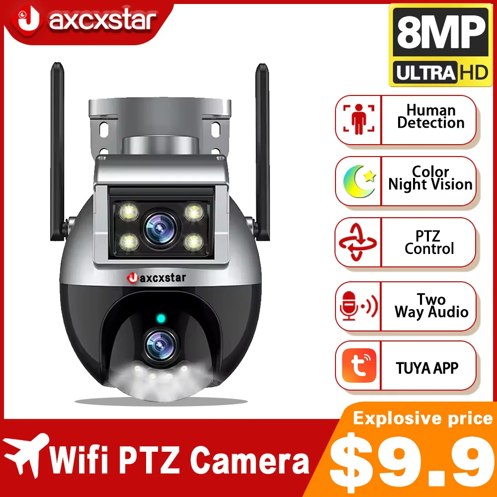 Tuya Smart Life 4K 8MP Dual Lens PTZ WIIF Camera Dual Screen Human Auto Tracking Outdoor 4MP Security Video Surveillance Camera