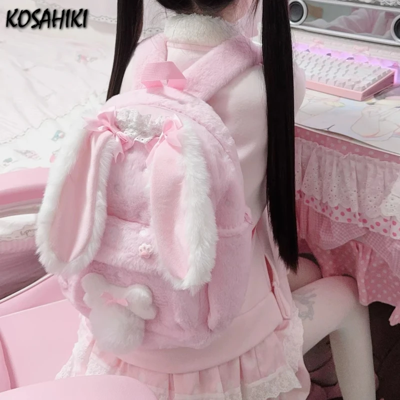 Mochila japonesa esponjosa con orejas de conejo Kawaii, mochilas escolares con dibujos animados de cortes dulces para niñas, mochilas con lazo estético Y2k para mujeres y estudiantes