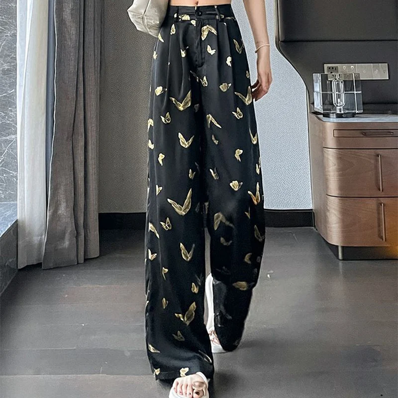 Summer New Fashion Streetwear Butterfly Printing Wide Leg Pants Female Loose Casual Harajuku Y2K Chain Trousers Women's Clothing