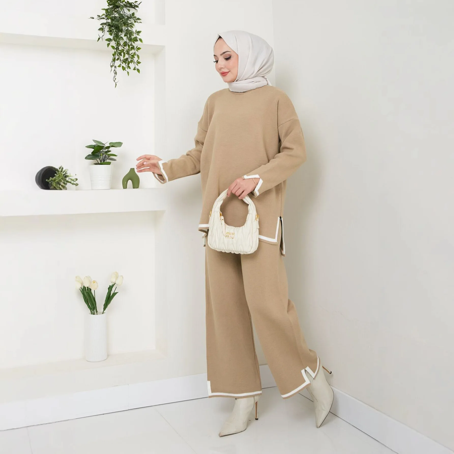 Muslim Women 2 Piece Set Knitted Outfits Sweater Tops Wide Leg Pants Suit Islam Clothing Ramadan Dubai Abaya Kaftan Warm Turkey