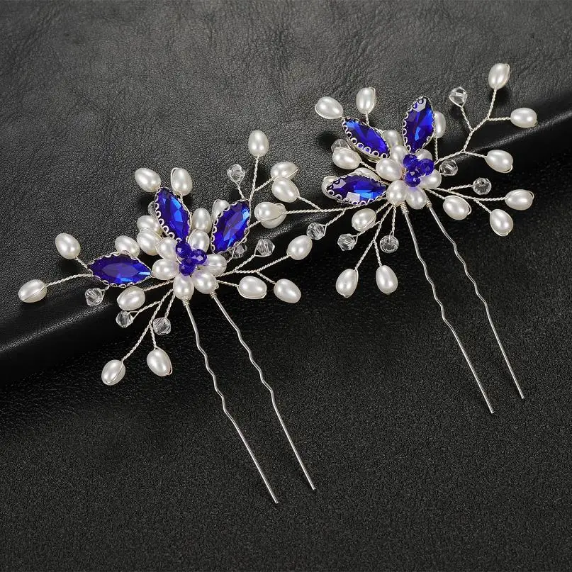 Blue Rhinestone Flower Bridal Hair Combs Wedding Headwear Brides Hair Accessories Party Hair Jewelry Fashion Bridesmaid Tiaras